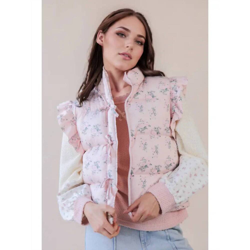 NEW VERY J pastel bloom puffer vest in pink floral